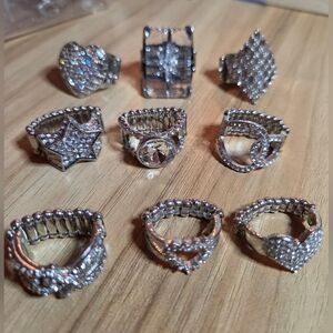 Paparazzi LOT of 9 Elegant Silver Crystal Rings, Stars, Hearts, Knot